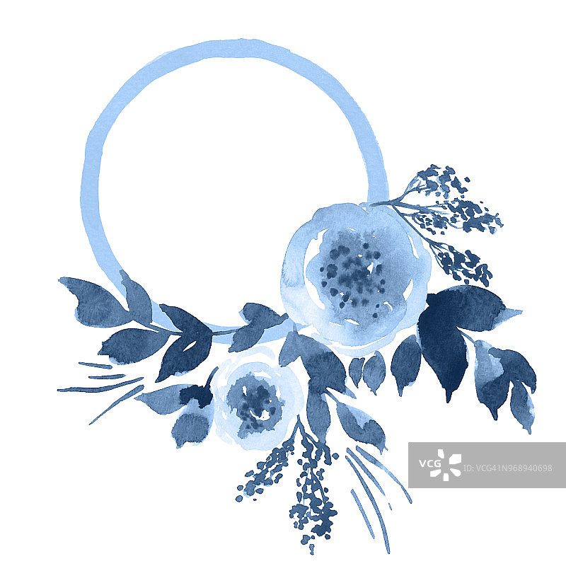 水彩圆框牡丹花。靛蓝色手绘鲜花贺卡图片素材