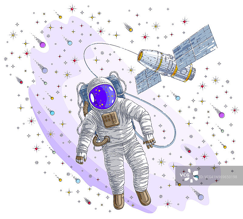 宇航员进入与空间站相连的开放空间，宇航员在失重状态下漂浮，国际空间站的宇宙飞船被未知的行星、恒星和彗星包围。矢量插图。图片素材