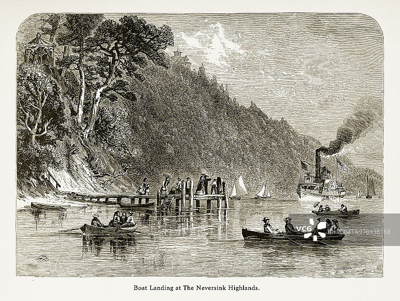 船登陆，Shrewsbury河，Neversink高地，美国新泽西州，美国维多利亚版画，1872年图片素材