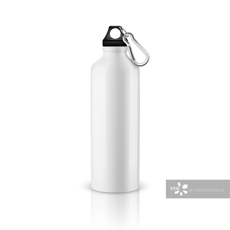向量现实3d白色空光滑金属水瓶与黑色塞子特写孤立在白色背景。为图形设计包装模型模板。前视图图片素材