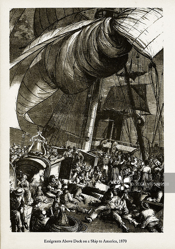 1870年，前往美国的船上甲板上的移民图片素材