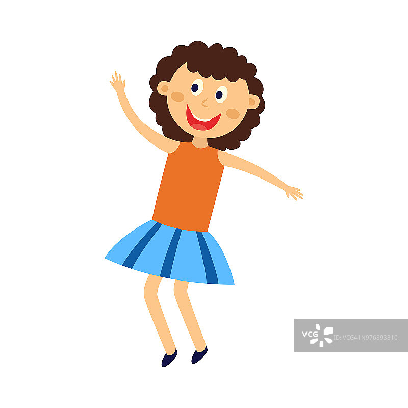 快乐的小女孩跳舞，跳跃和有乐趣-可爱的卡通女性人物欢快的儿童舞者。图片素材