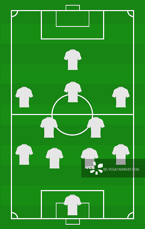向量足球场上与球员的比赛安排。足球运动员在绿地模板上的职位名称，图片素材