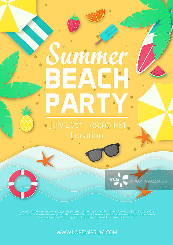 海滩上夏日派对海报的模板。剪纸的风格。图片素材