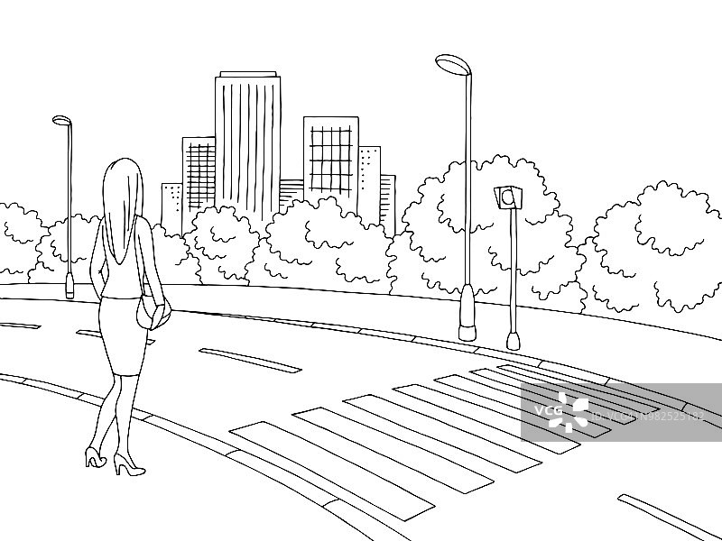 街道道路图形黑白城市景观素描插图矢量。女人等待图片素材