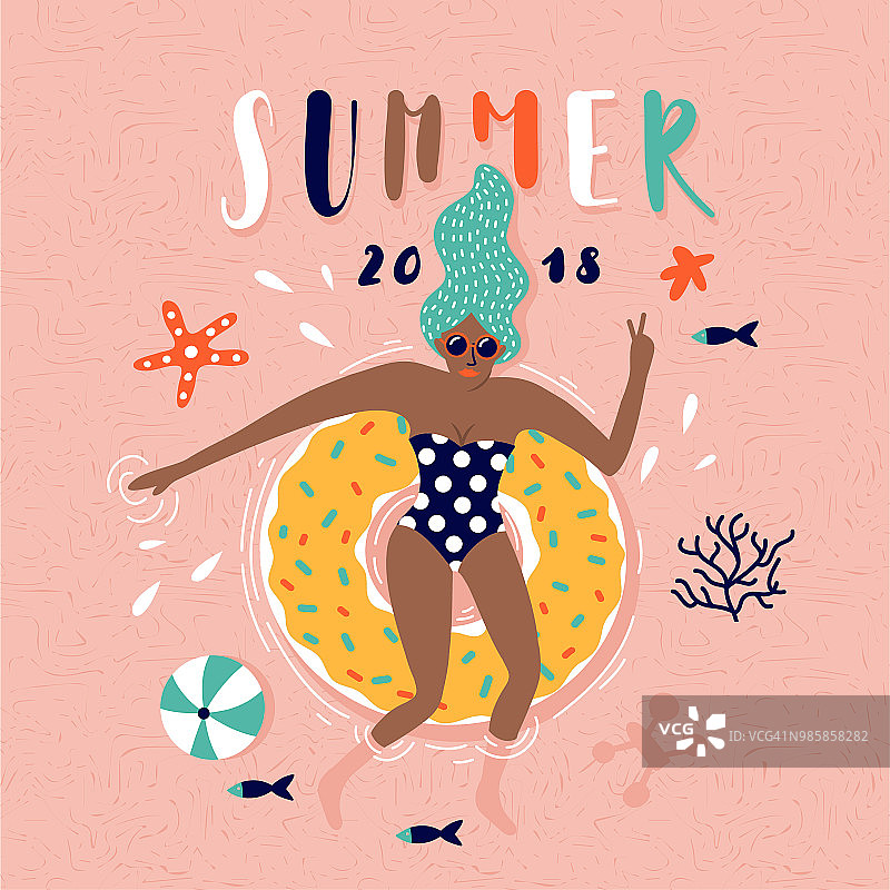 夏季波普艺术插图与游泳。热带海滩。排版矢量插图。图片素材