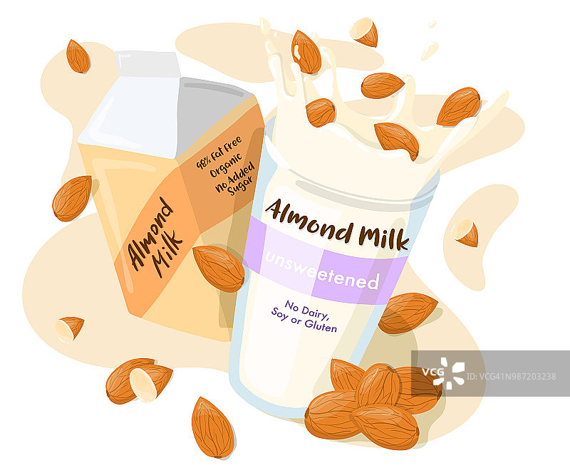 杏仁牛奶在一包和溅全杏仁在一个玻璃矢量广告海报。健康饮食卡通插图孤立在白色的背景图片素材