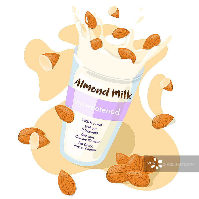 杏仁牛奶喷溅与全杏仁在一个玻璃矢量广告传单设计。健康饮食卡通海报插图孤立在白色的背景图片素材