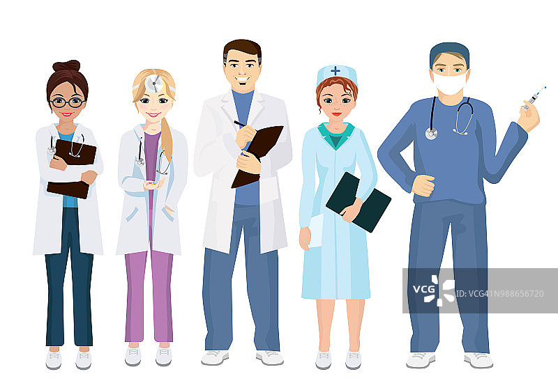 平坦风格的白色背景上的团队医生的矢量插图。男女医生。图片素材