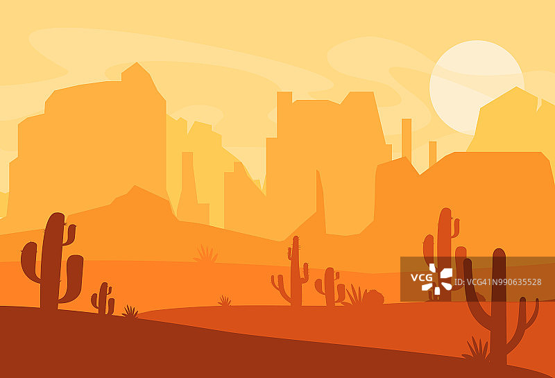 矢量插图的西部德克萨斯沙漠剪影。狂野的美国西部景象与日落在沙漠与山脉和仙人掌在平面卡通风格。图片素材