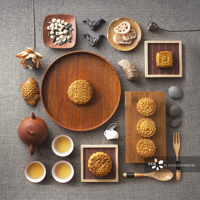 传统的中秋节月饼下午茶。图片素材