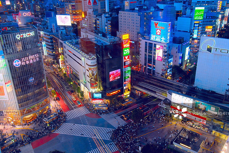 日本，东京，涉谷的摩天大楼和十字路口在傍晚，高视阔步图片素材