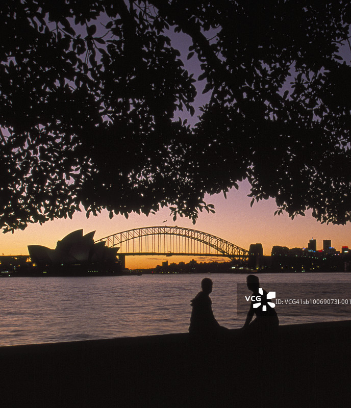 澳大利亚，新南威尔士州，悉尼，夫妇剪影与海港大桥和歌剧院的背景在日落图片素材