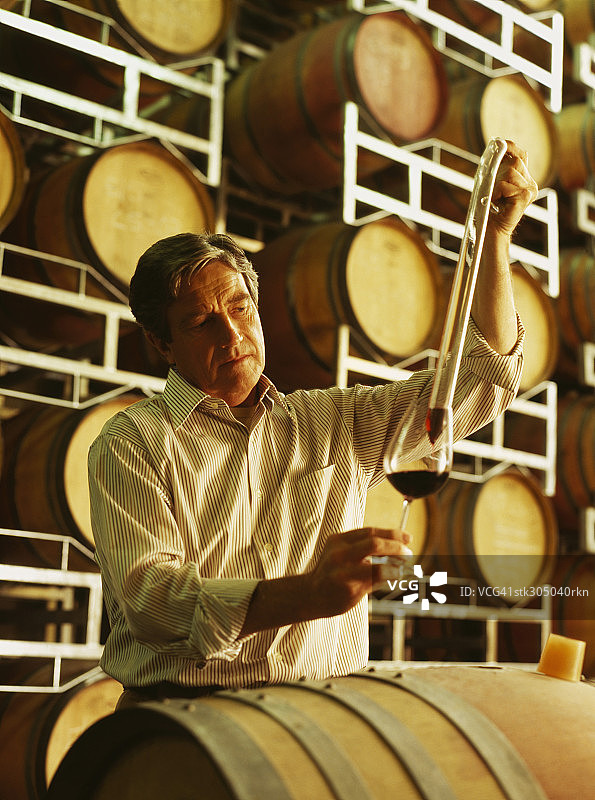 一个在酿酒厂检验红酒的成熟男子图片素材