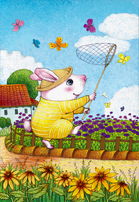 动物创意插画系列-小兔捕蝴蝶下载
