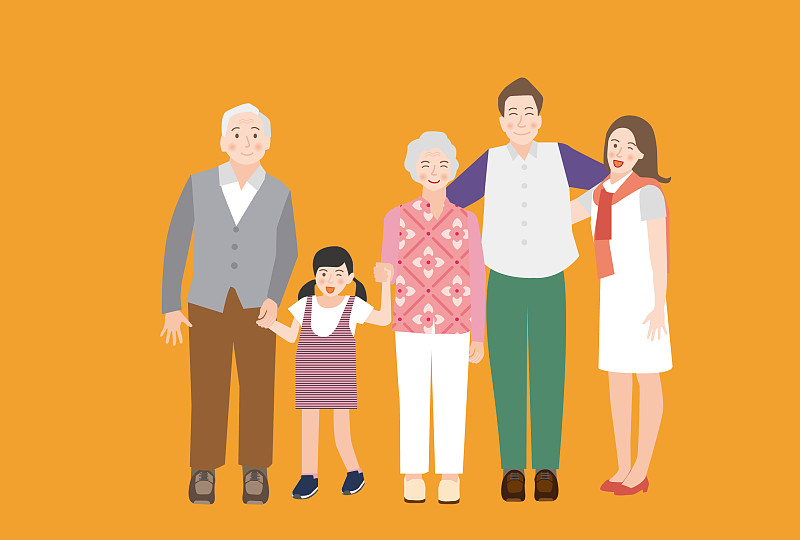 一个快乐的全家福(祖父，父亲，母亲，女儿和儿子)-向量图片下载