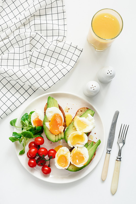 健康的牛油果、鸡蛋吐司和橙汁早餐，白色背景图片下载