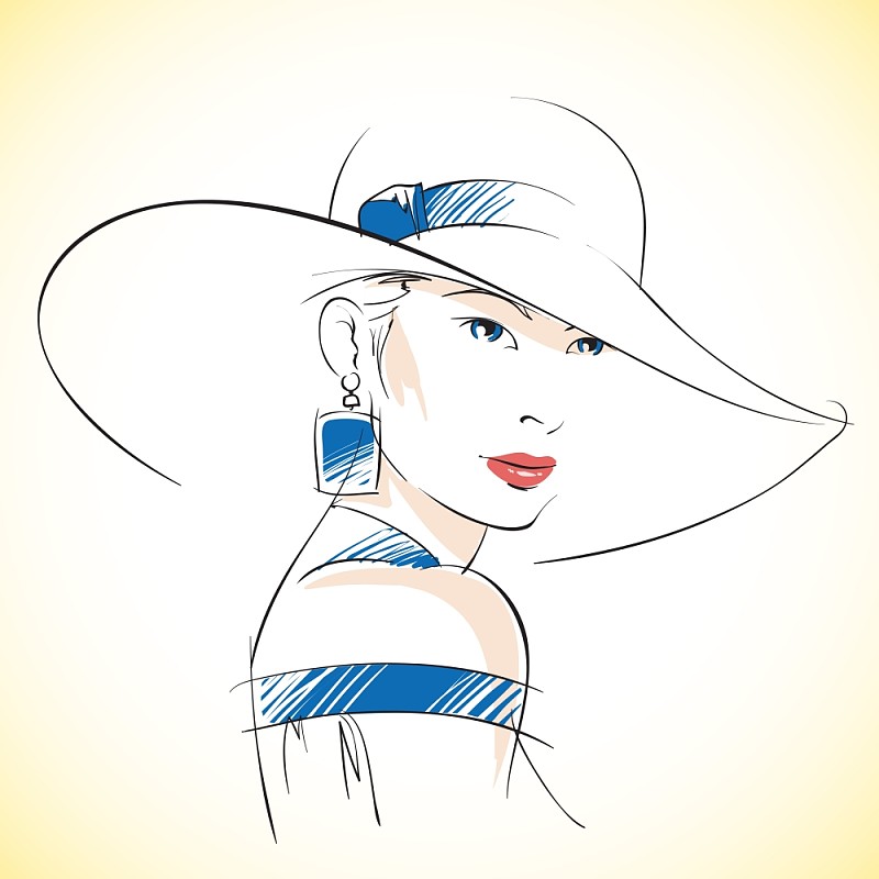 时尚素描美丽的年轻女性与帽子和蓝色眼睛孤立矢量插图图片下载
