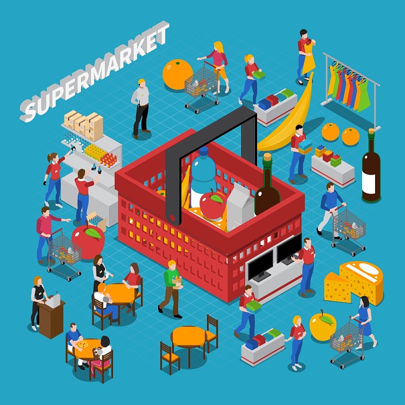 超市概念构成。超市等距概念构图与人物篮矢量插图图片下载