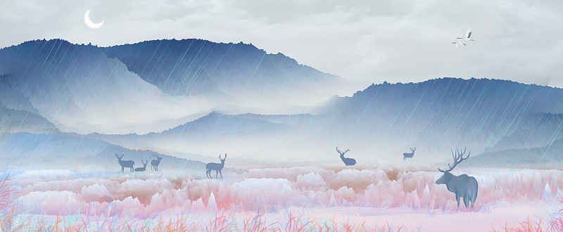 清晨谷雨高山流水，山下的小鹿在湖边喝水休息玩耍图片下载