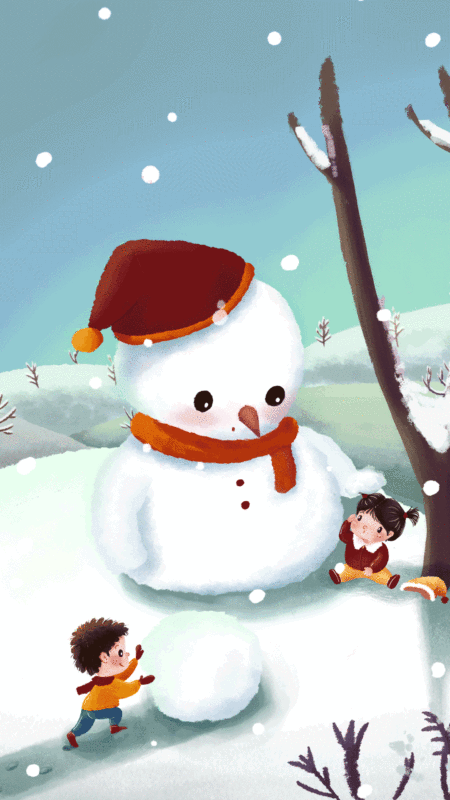 儿童插画动图滚雪球堆雪人竖构图图片