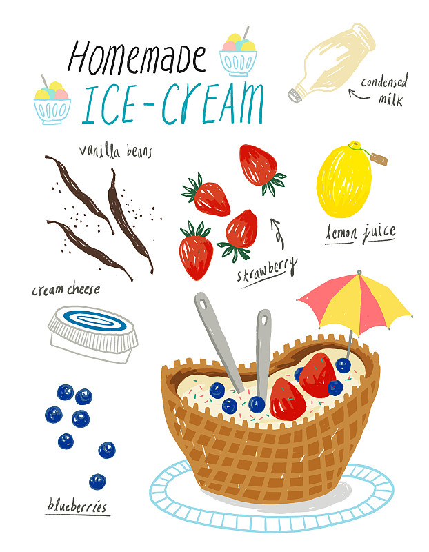 夏天，食物配料，烹饪，甜点，冰淇淋，蓝莓，香草(香草)图片下载