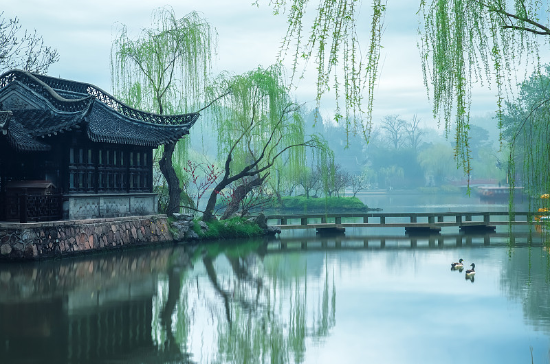 绿色的清明节时分,传统的古建筑旁边杨柳依依,水面上是小鸟图片下载