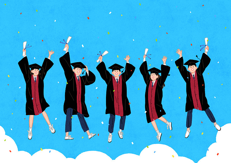 学生、高中、毕业、欢乐、毕业礼服、毕业帽、五彩纸屑、跳跃、毕业证书、云朵、天空、朋友、庆祝图片下载