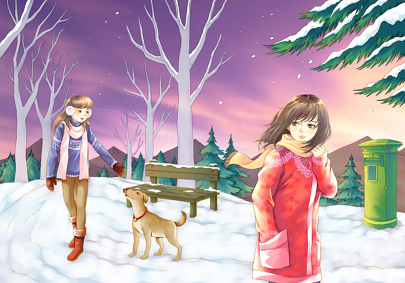 红衣女孩在冬日的公园里遇见遛狗的女孩图片下载