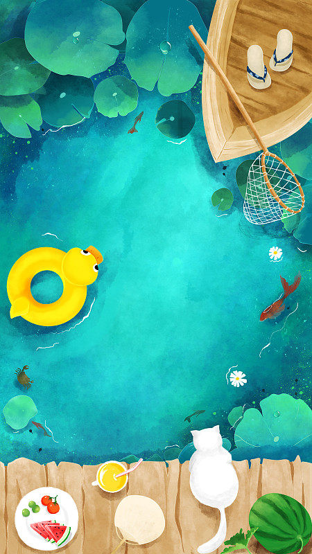 鱼儿蝌蚪游动的夏日荷塘上漂浮的小舟与小黄鸭创意手绘插画下载