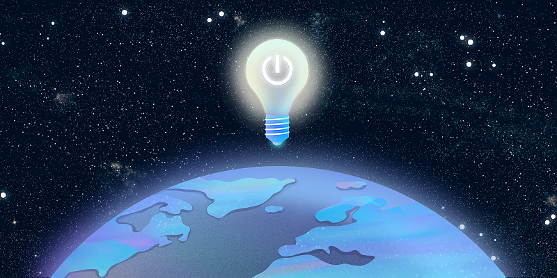 地球一小时，地球上空一个通电后发光的电灯泡悬浮在空中插画背景下载