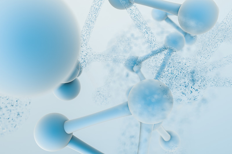 生物化学技术分子与浅蓝色背景，三维渲染图片下载