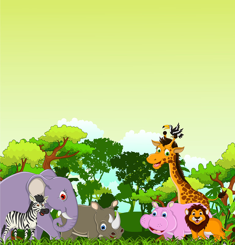 以热带森林为背景的动物卡通图片