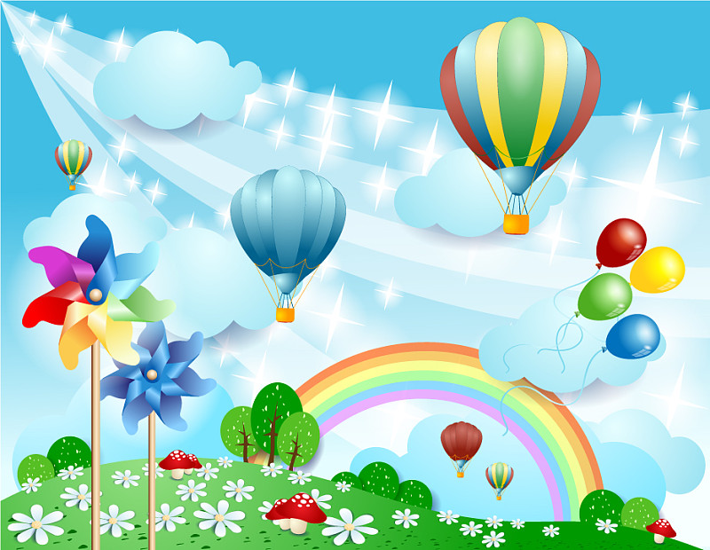 春天的背景气球和风车图片素材
