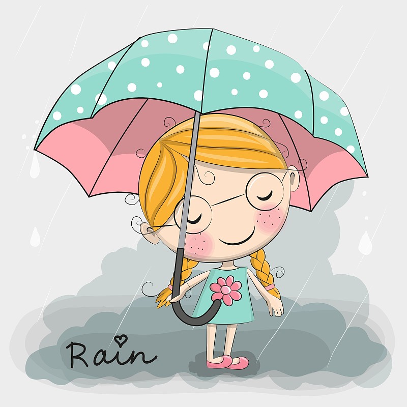 可爱的卡通女孩拿着一把伞