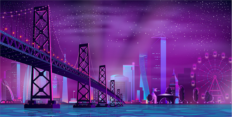 现代夜城卡通城市背景图片下载
