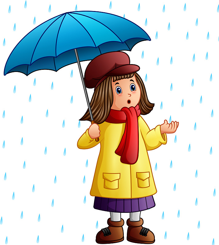 卡通女孩拿着雨伞站在雨中图片