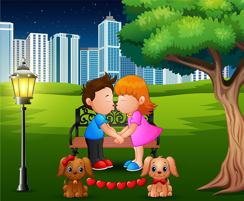 卡通浪漫情侣在树下接吻图片