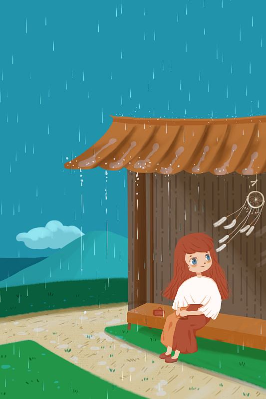 坐在屋檐下避雨的女孩 二十四节气谷雨插画图片