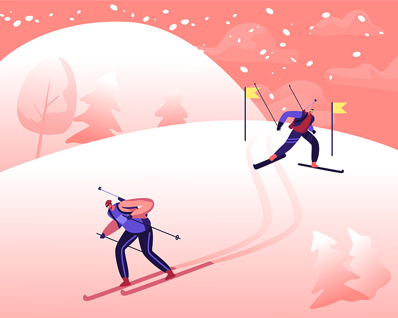 冬季两项比赛中，人们滑下坡图片素材