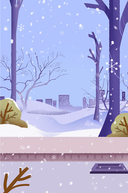 卡通手绘二十四节气立冬男孩雪景街道散步插画图片