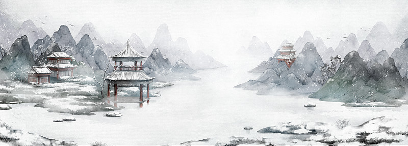 中国风古风建筑风景插画冬天大场景雪景图下载