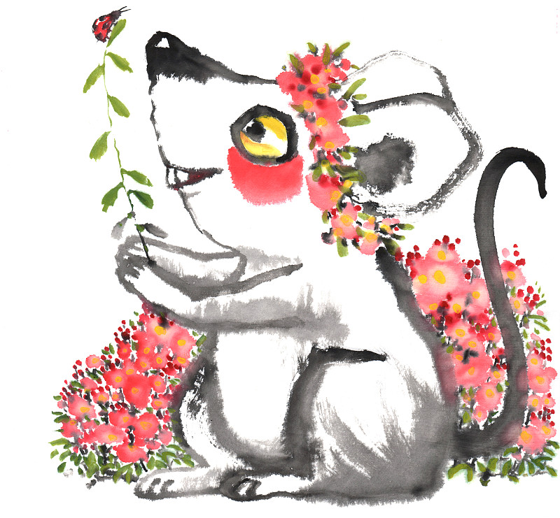 国画水墨插画-带着花环的可爱老鼠下载