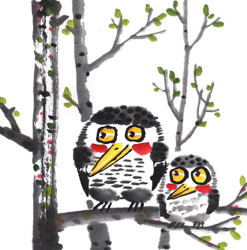 国画水墨插画-站在树干上的鸟下载