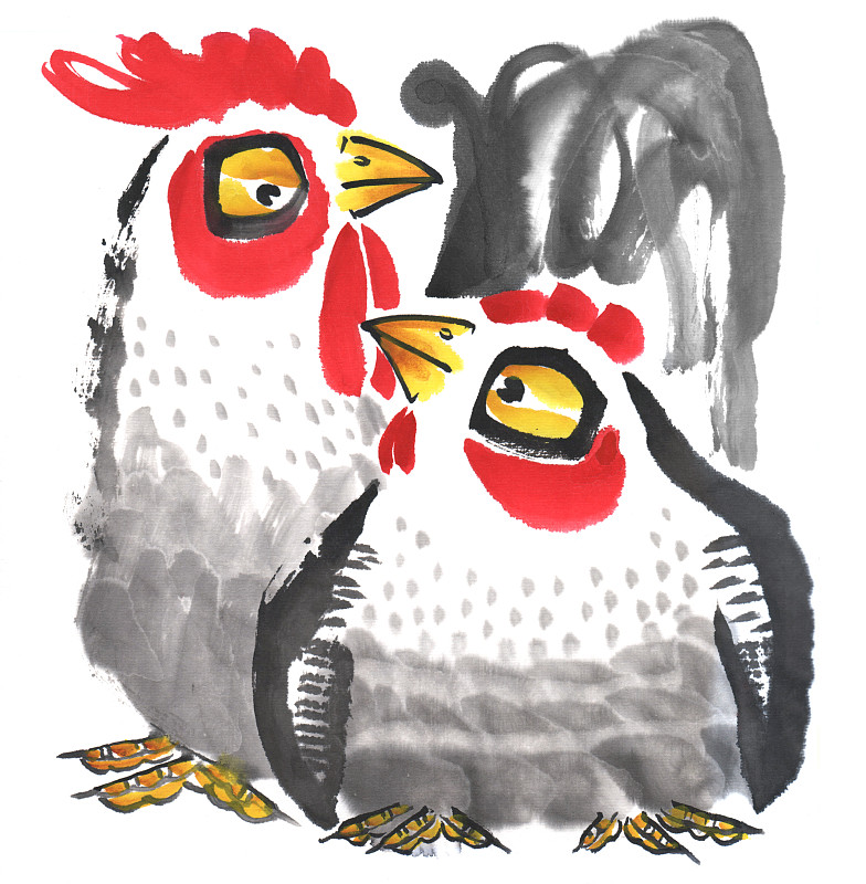 中国画水墨动物插画-相亲相爱的两只鸡下载