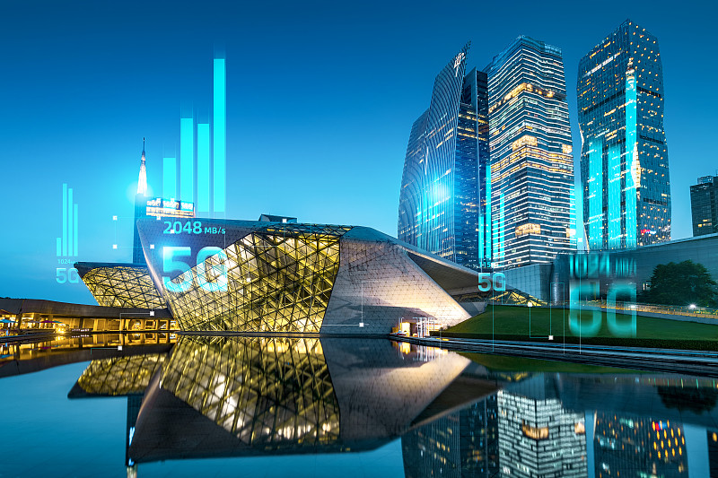 5G网络信号科技快速发展广州夜景大剧地标旅游城市建筑经济中心图片素材