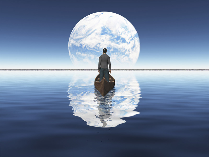 人坐船航行。远处看到的蓝色星球。三维渲染图片素材