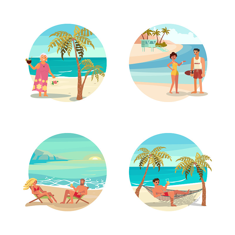 梦幻场景与美丽的海滩在圆形设计。图片下载