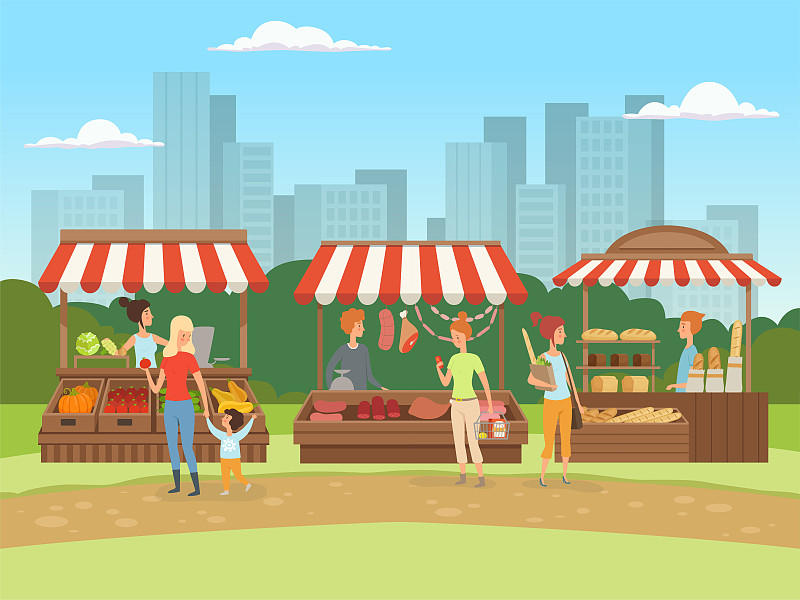当地市场。户外美食场所以城市景观集市店主以水果、蔬菜、肉类和牛奶矢量为背景图片下载