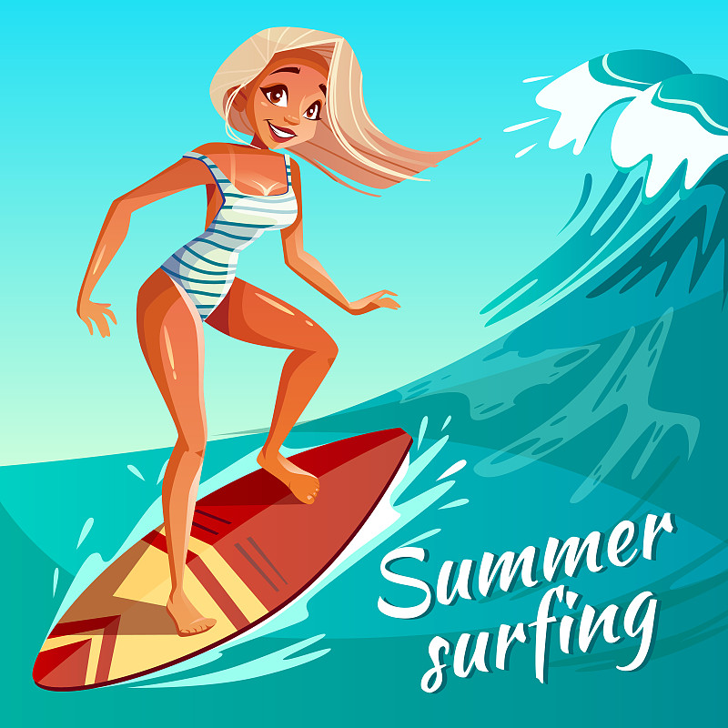 夏季冲浪女孩在波浪矢量插图图片下载